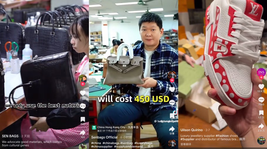 Sceenshots of luxury dupe sellers on TikTok amid a trend called trade war TikTok