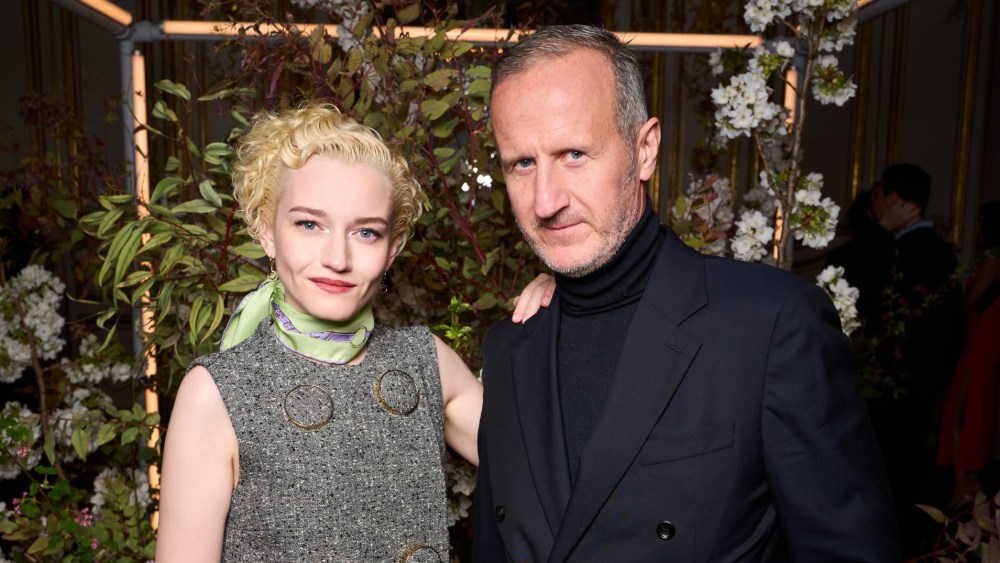 Julia Garner and Gucci CEO Stefano Cantino at the Art of Silk dinner in Paris.