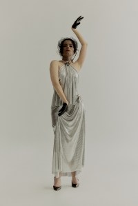 Rabanne silver mesh metal top and skirt. Jennifer Behr veil. Carolina Amato gloves