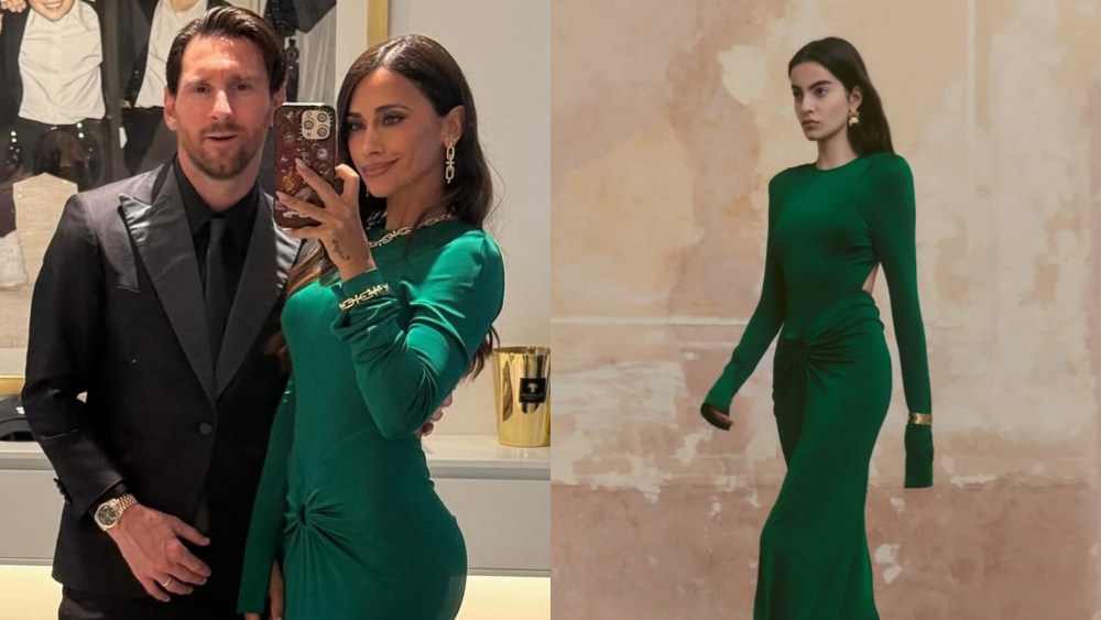 Lionel Messi and Antonela Roccuzzo; a model wearing Victoria Beckham's resort 2024 collection.