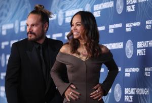 Marco Perego-Saldaña, Zoe Saldana at The 11th Breakthrough Prize Ceremony held at Barker Hanger on April 05, 2025 in Santa Monica, California.