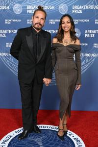 Marco Perego Saldaña, Zoe Saldana at The 11th Breakthrough Prize Ceremony held at Barker Hanger on April 05, 2025 in Santa Monica, California.