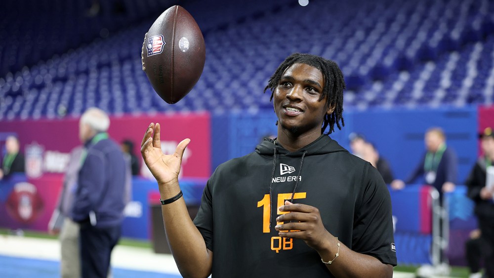 INDIANAPOLIS, INDIANA - MARCH 01: Cameron Ward #QB15 of Miami-FL looks o during the NFL Scouting Combine at Lucas Oil Stadium on March 01, 2025 in Indianapolis, Indiana.  (Photo by Stacy Revere/Getty Images)