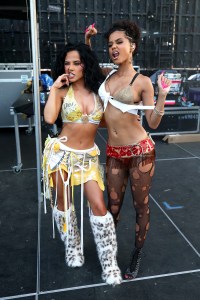 INDIO, CALIFORNIA - APRIL 11: (FOR EDITORIAL USE ONLY) (L-R) Becky G and Tyla pose backstage at the Outdoor Theatre during the 2025 Coachella Valley Music and Arts Festival at Empire Polo Club on April 11, 2025 in Indio, California. (Photo by Frazer Harrison/Getty Images for Coachella)