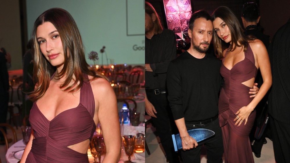 Hailey Bieber wears saint laurent dress at the Fashion Trust Awards with Anthony Vaccarello
