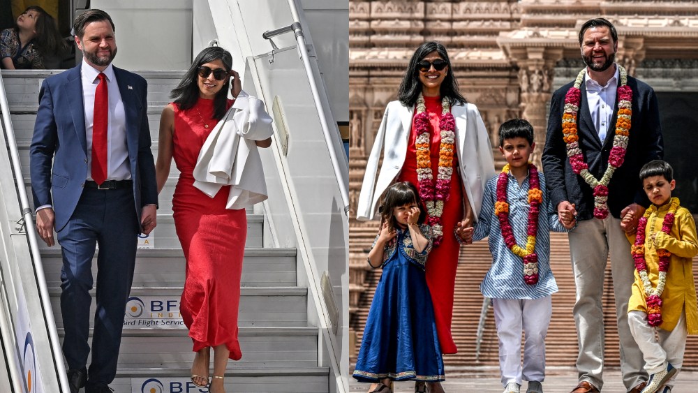 JD Vance (2R) and his wife Usha Vance (2L), along with their children Ewan (C), Vivek (R) and Mirabel, pose for a photo in front of the Akshardham Temple.