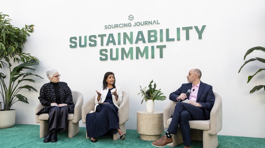From left: Inka Apter, senior director, materials and circularity at Eileen Fisher; Dnyanada Satam, global market segment manager at Naia from Eastman; Peter Sadera, editor in chief of Sourcing Journal