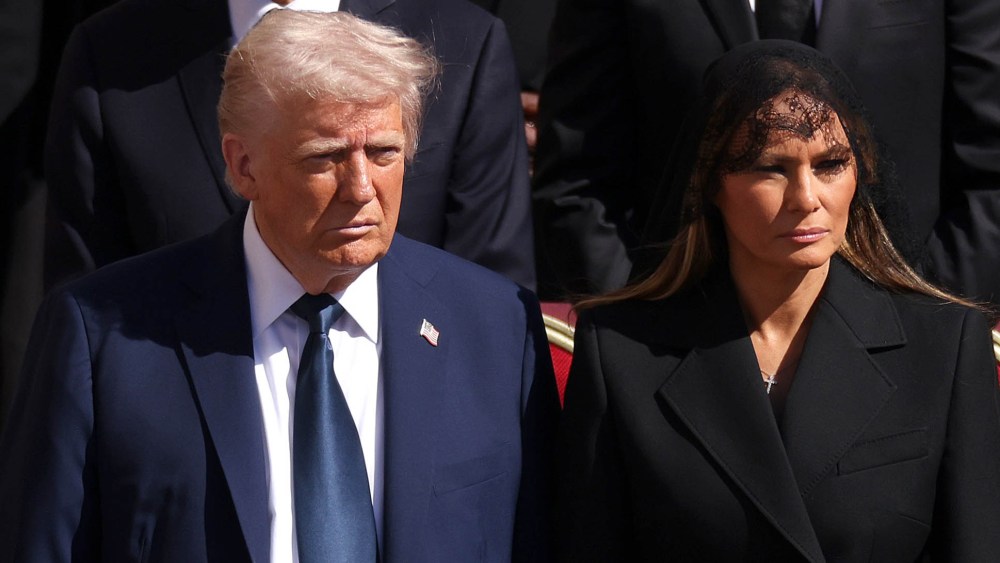 VATICAN CITY, VATICAN - APRIL¬†26: US President Donald Trump and US First Lady Melania Trump arrive at the funeral of Pope Francis in St. Peter‚Äôs Square on April 26, 2025 in Vatican City, Vatican. Pope Francis died on April 21st at the age of 88. Born in Argentina as Jorge Mario Bergoglio, he was the first Latin American and the first Jesuit to become Pope when elected in 2013. Taking the name Francis after St Francis of Assisi, he promoted a more humble version of the papacy than many of his predecessors. He will be buried outside of the Vatican in a simple wooden coffin at the Basilica Santa Maria Maggiore.  (Photo by Dan Kitwood/Getty Images)