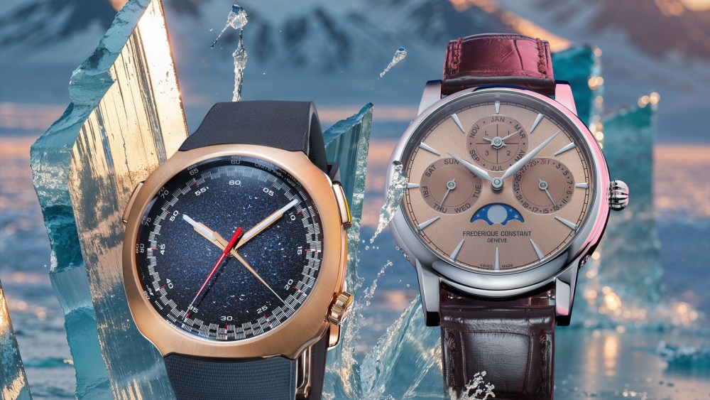 From left: H. Moser & Cie. Streamliner chronograph featuring a red gold case, textured blue dial and textile strap. Frederique Constant Classic Perpetual Calendar Manufacture watch, FC-776 in-house caliber, automatic, perpetual calendar with perlage and circular Côtes de Genève decorations in a stainless steel case with a salmon sunray dial.