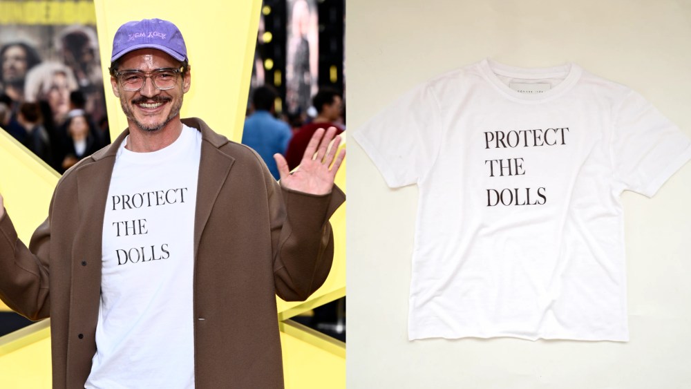 Pedro Pascal wears "Protect the Dolls" T-shirt at "Thunderbolts" premiere in London.