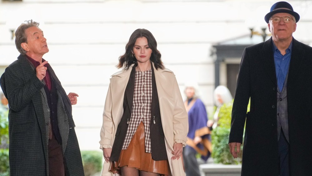 Martin Short, Selena Gomez and Steve Martin are seen on the set of "Only Murders in the Building" on April 10, 2025 in New York City.