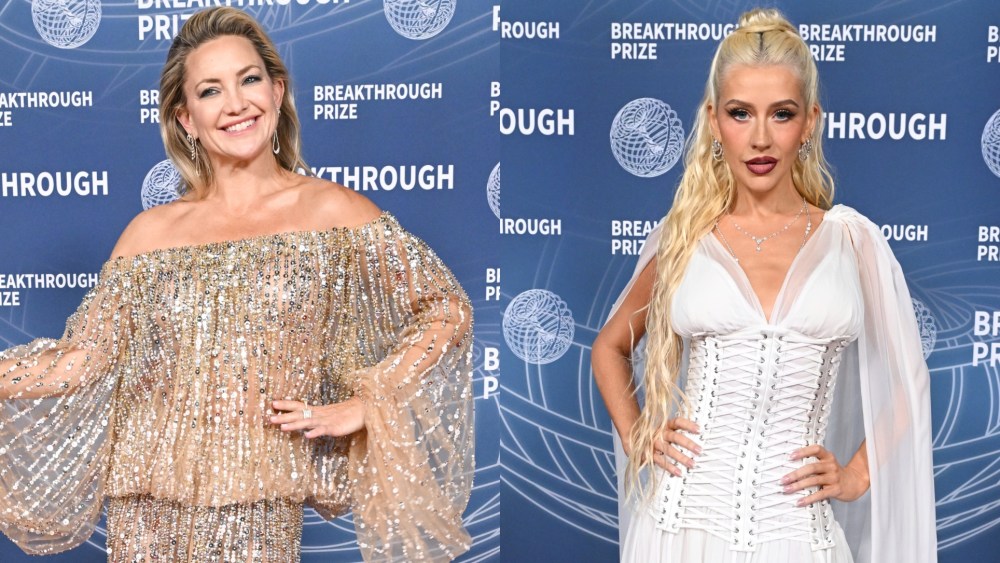 Kate Hudson wears sheer Elie Saab Couture and Christian Aguilera wears sheer Dolce & Gabbana at the 11th Breakthrough Prize.
