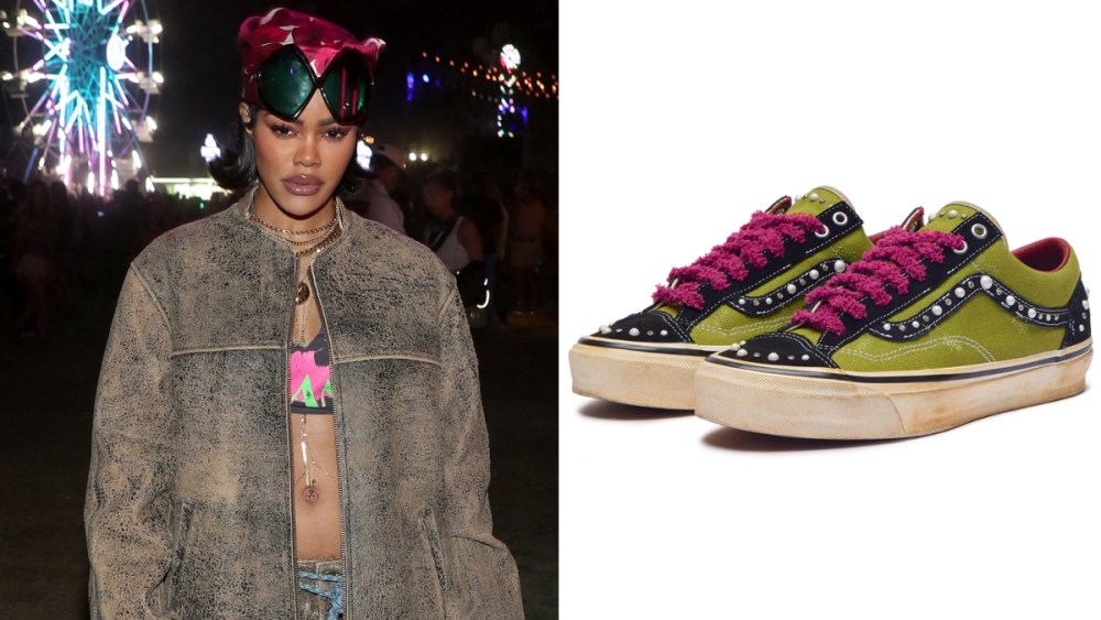 Teyana Taylor, sneakers, pearls, Vans, Satoshi Nakamoto, rhinestone, fuzzy laces, Neon Carnival, Coachella