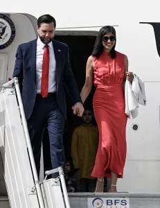 NEW DELHI, INDIA - APRIL 21: U.S. Vice President JD Vance and his wife Usha Vance arrive on April 21, 2025 in New Delhi, India. Vance will hold talks with Prime Minister Narendra Modi as India attempts to boosts ties with the Trump administration and avoid steep U.S. tariffs.  (Photo by Kenny Holston-Pool/Getty Images)