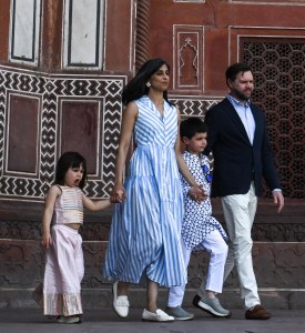 AGRA, INDIA - APRIL 23: U.S. Vice President JD Vance and his family, including wife Usha Vance, visit the Taj Mahal on April 23, 2025 in Agra, India. Vance and Indian Prime Minister Narendra Modi yesterday indicated progress had been made in talks for a trade deal between the two countries as New Delhi attempts to boosts ties with the Trump administration and avoid steep U.S. tariffs. (Photo Kenny Holston - Pool/Getty Images)