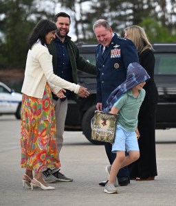 US Vice President JD Vance, Second Lady Usha Vance and family prepare to depart Ramstein Air Base after a refueling stop, en route to Joint Base Andrews, Maryland, April 24, 2025, on his way back to Washington from India. (Photo by Kenny Holston / POOL / AFP) (Photo by KENNY HOLSTON/POOL/AFP via Getty Images)