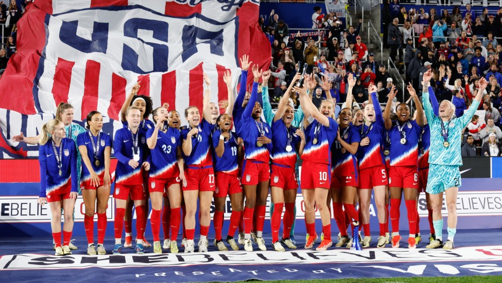 The US Women's National Team celebrate their win after the SheBelieves Cup final football match against Canada at Lower.com Field in Columbus, Ohio, April 9, 2024.
