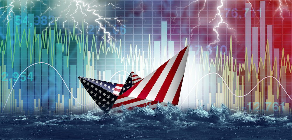 U.S. financial risk and investment danger as stock market turbulence crisis and economic storm as an American paper boat symbol facing uncertain global economic danger.