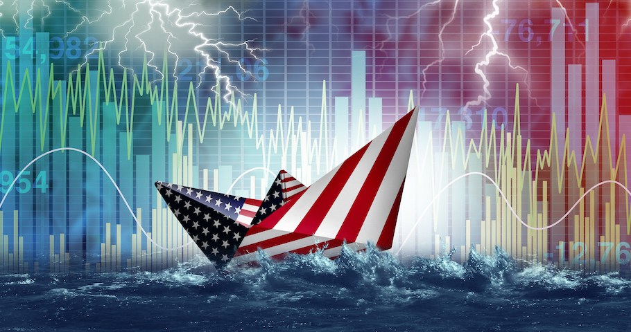 US Financial risk and investment danger as stock market turbulence crisis and economic storm as an American paper boat symbol facing uncertain global economic danger.