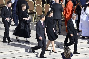 VATICAN CITY, VATICAN - MAY 18: Alois, Hereditary Prince of Liechtenstein and Princess Sophie of Liechtenstein of Belgium take there seats ahead of the Inauguration Mass of Pope Leo XIV in St Peter's Square on May 18, 2025 in Vatican City, Vatican. Pope Leo XIV (formerly Cardinal Robert Francis Prevost) presided over his inauguration mass in St Peter's Square after his election on May 8th. (Photo by Antonio Masiello/Getty Images)