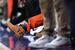 NEW YORK, NEW YORK - MAY 21:  A view of the shoes worn by Timothee Chalamet as he attends Game One of the Eastern Conference Finals of the 2025 NBA Playoffs between the New York Knicks and the Indiana Pacers at Madison Square Garden on May 21, 2025 in New York City. NOTE TO USER: User expressly acknowledges and agrees that, by downloading and or using this photograph, User is consenting to the terms and conditions of the Getty Images License Agreement. (Photo by Sarah Stier/Getty Images)