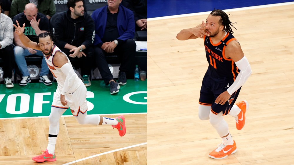 Left: New York Knicks guard Jalen Brunson celebrates hitting a 3-pointer in Game 2 of the Eastern Conference Semifinals at TD Garden in Boston on May 7, 2025.
Right: New York Knicks guard Jalen Brunson (11) reacts after a 3-point basket during the third quarter in game four of the NBA Eastern Conference semifinal against the Boston Celtics at Madison Square Garden.