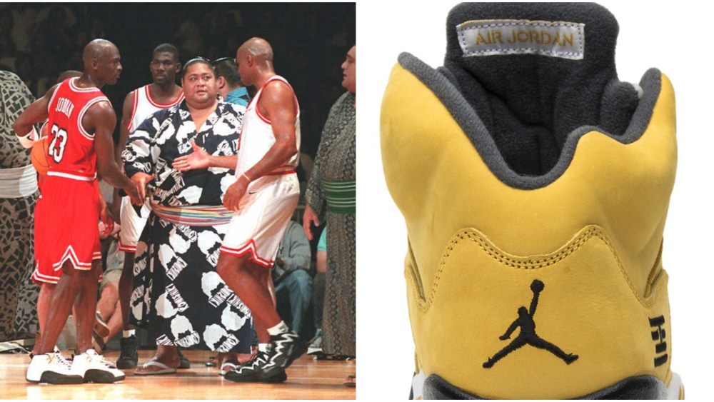 Michael Jordan and Charles Barkley meet sumo wrestlers, Air Jordan 5 Retro sneakers