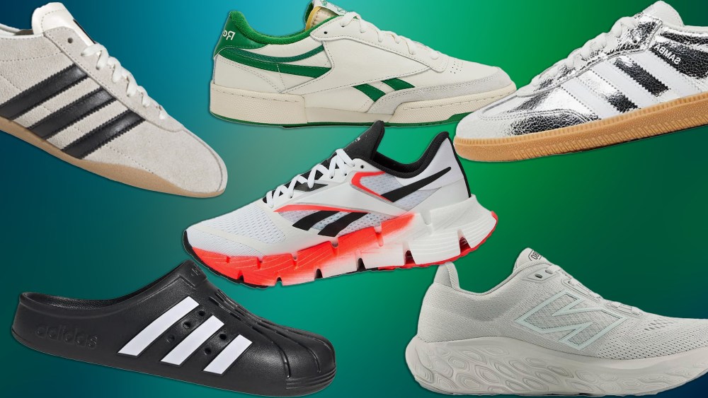 assortment of various shoe styles over a gradient, deep green background