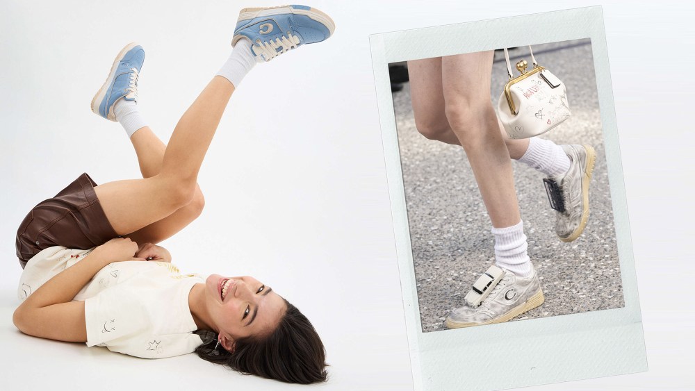 model laying on ground with feet in the air wearing Coach soho sneakers in blue; polaroid image of Coach spring 2025 runway bag and Soho sneaker pairings