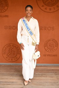 PARIS, FRANCE - JUNE 02: Angelique Angarni-Filopon (Miss France 2025) is seen at Roland Garros on June 02, 2025 in Paris, France. (Photo by Stephane Cardinale - Corbis/Corbis via Getty Images)