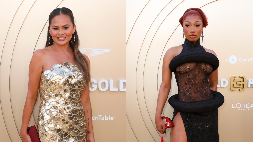 Chrissy Teigen and Megan Thee Stallion at the 2025 Gold Gala held at The Music Center on May 10, 2025 in Los Angeles, California.