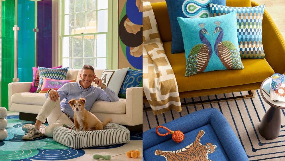 jonathan adler with his dog, who's sitting on a striped dog bed; collection of vibrant throw pillows and a dog toy resting on a pet bed
