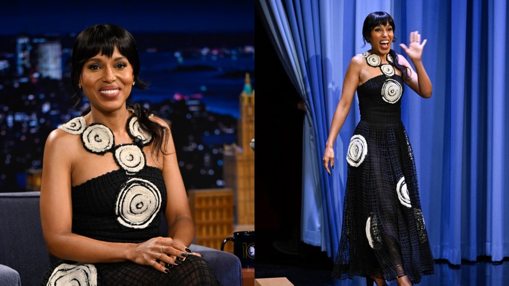 THE TONIGHT SHOW STARRING JIMMY FALLON -- Episode 2131 -- Pictured: Actress Kerry Washington wears fendi dress arrives on Wednesday, May 7, 2025 -- (Photo by: Todd Owyoung/NBC via Getty Images)