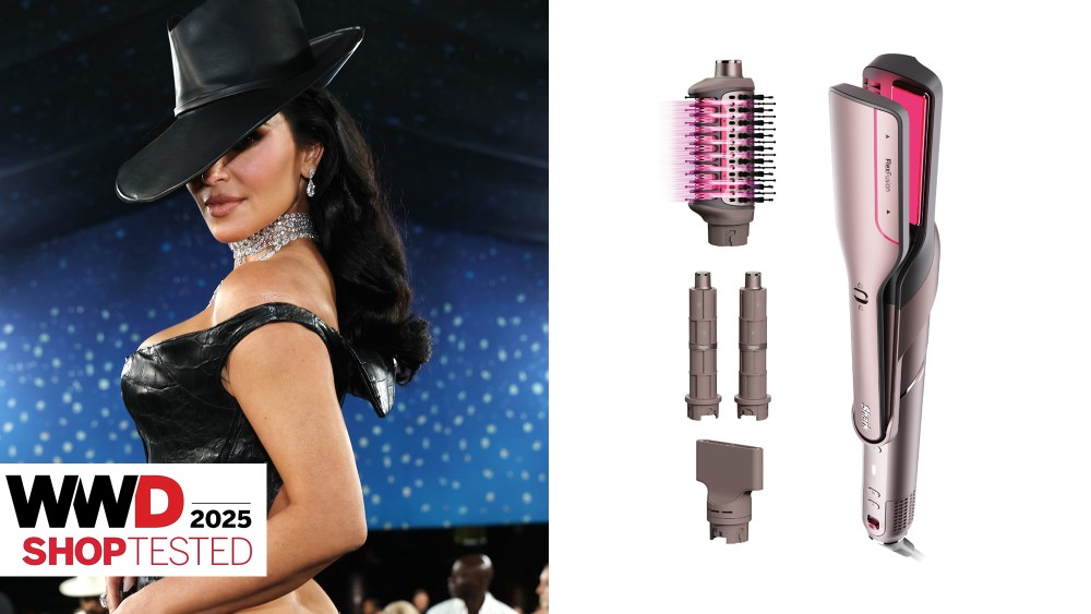 kim kardashian at the 2025 met gala; shark flexstyle tool over a white background