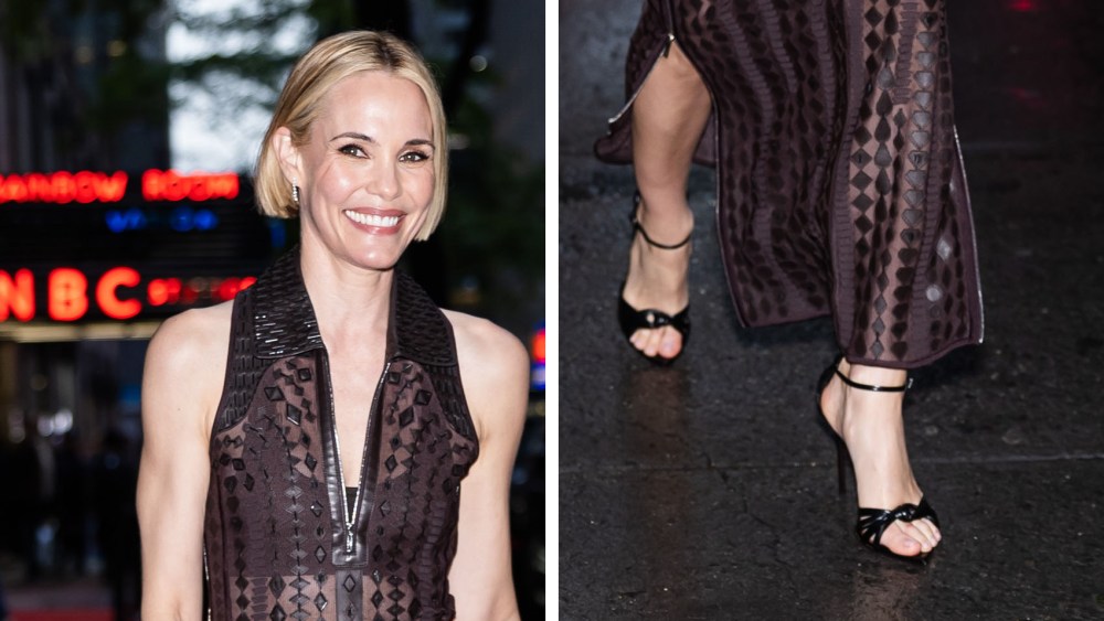 Giuseppe Zanotti’s Intriigo Knot 105 sandal, hermes dress, LATE NIGHT WITH SETH MEYERS -- Episode 1654 -- Pictured: Actress Leslie Bibb arrives on May 14, 2025 -- (Photo by: Lloyd Bishop/NBC)