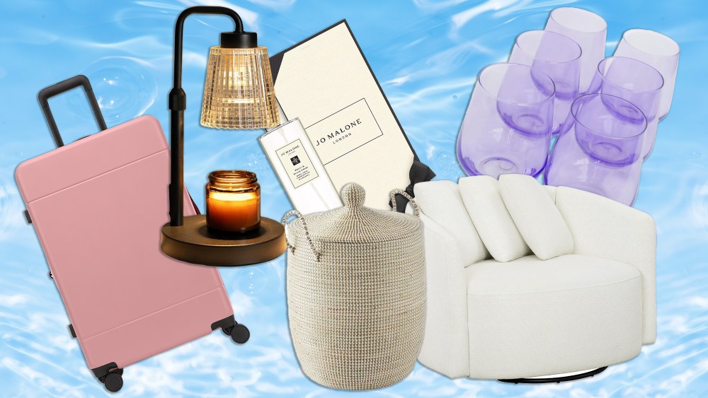 assortment of home products including a room spray and a set of wine tumblers, over a background of water