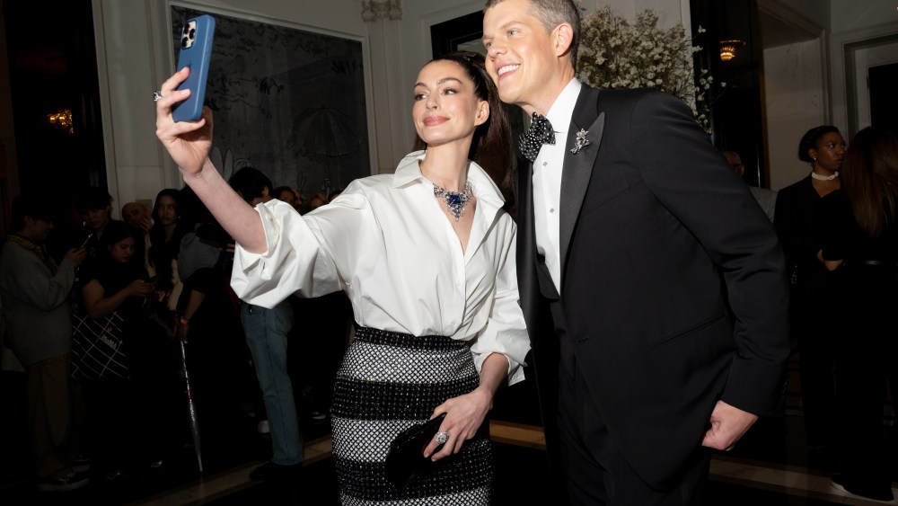 Anne Hathaway, Wes Gordon at The Carlyle Hotel before the 2025 Met Gala: "Superfine: Tailoring Black Style" held at the Metropolitan Museum of Art on May 5, 2025 in New York, New York.