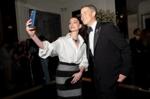 Anne Hathaway, Wes Gordon at The Carlyle Hotel before the 2025 Met Gala: "Superfine: Tailoring Black Style" held at the Metropolitan Museum of Art on May 5, 2025 in New York, New York.