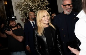 Donatella Versace at The Carlyle Hotel before the 2025 Met Gala: "Superfine: Tailoring Black Style" held at the Metropolitan Museum of Art on May 5, 2025 in New York, New York.