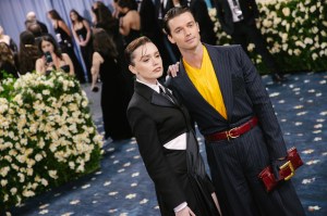 Aimee Lou Wood, Patrick Schwarzenegger at The 2025 Met Gala Celebrating "Superfine: Tailoring Black Style" held at The Metropolitan Museum of Art on May 05, 2025 in New York, New York. (Photo by Lexie Moreland/WWD via Getty Images)