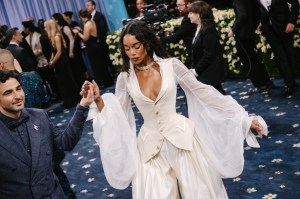 Zac Posen, Laura Harrier at The 2025 Met Gala Celebrating "Superfine: Tailoring Black Style" held at The Metropolitan Museum of Art on May 05, 2025 in New York, New York.