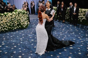 Megan thee Stallion in Michael Koss Collection and Angel Reese in Thomas Browne at the 2025 Met Gala