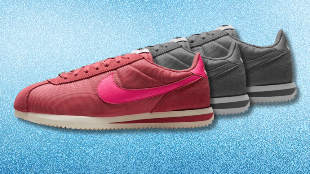 pink nike cortez sneaker on a textured blue background, in front of two sneakers under a black-and-white filter