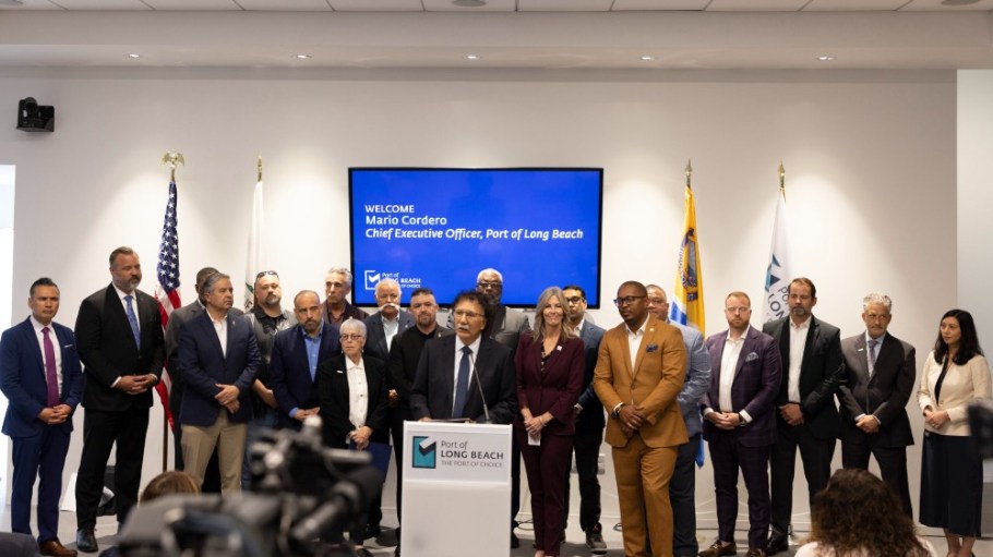 Port of Long Beach executive director Mario Cordero flanked by stakeholders and officials including Long Beach Mayor Rex Richardson, right.
