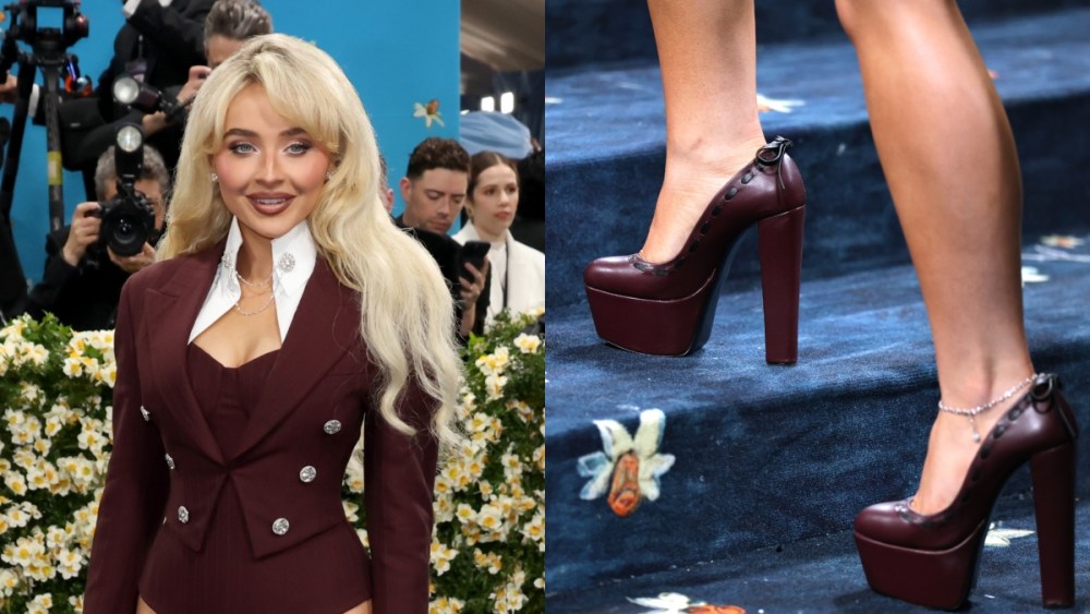 Sabrina Carpenter, Met Gala 2025, Louis Vuitton, custom, burgundy, platform, leather, suit, bodysuit, blazer