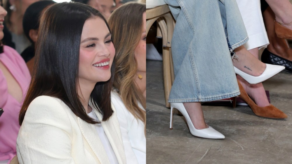 Selena Gomez, white pumps, Rare Beauty, denim, blazer, Los Angeles