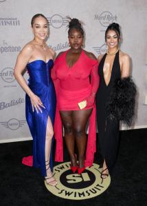Jasmine Sanders, Achieng Agutu, Nazanin Mandi at the Sports Illustrated Swimsuit Issue launch party held at the Hard Rock Times Square on May 15, 2025 in New York, New York.