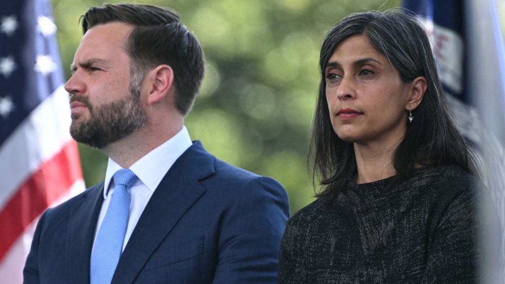 U.S. Vice President JD Vance (L) looks on next to his wife, Second Lady of the United States Usha Vance, at the Annual National Peace Officers' Memorial Service in Washington, D.C., on May 15, 2025.