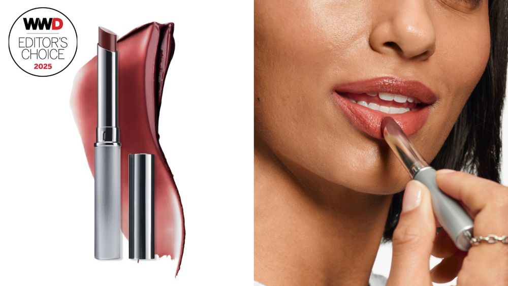 Clinique Nude Honey Almost lipstick with swatch; woman testing Clinique's Nude Honey Almost lipstick