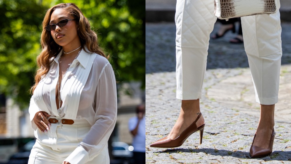 Jordyn Woods seen wearing slingback pumps at Hermes' Paris Fashion Week Men's SS26 show.